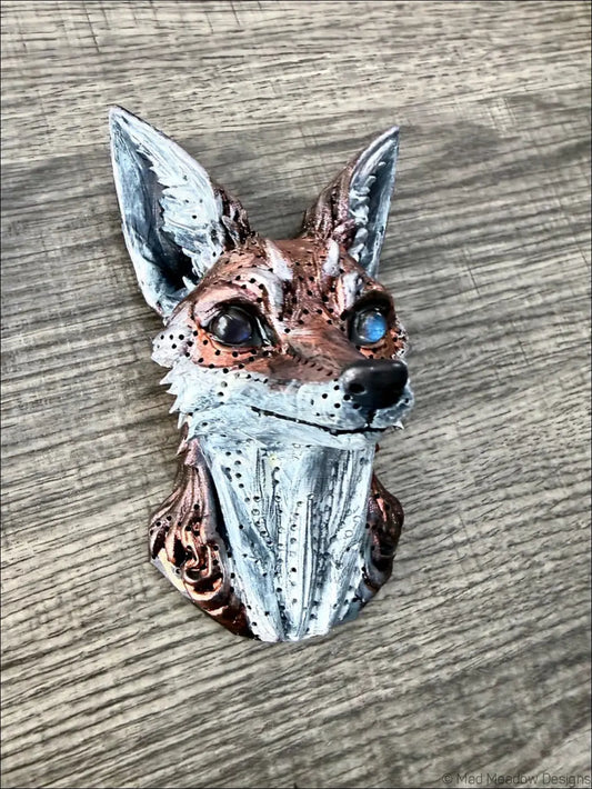 Detailed hand-painted red fox wall sculpture with natural labradorite blue eyes and metallic silver copper accents