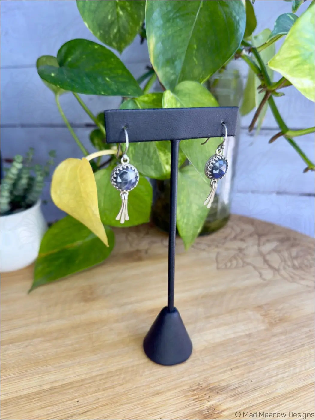 Labradorite Sterling Silver Earrings with Hammered Accent Dangles - Jewelry
