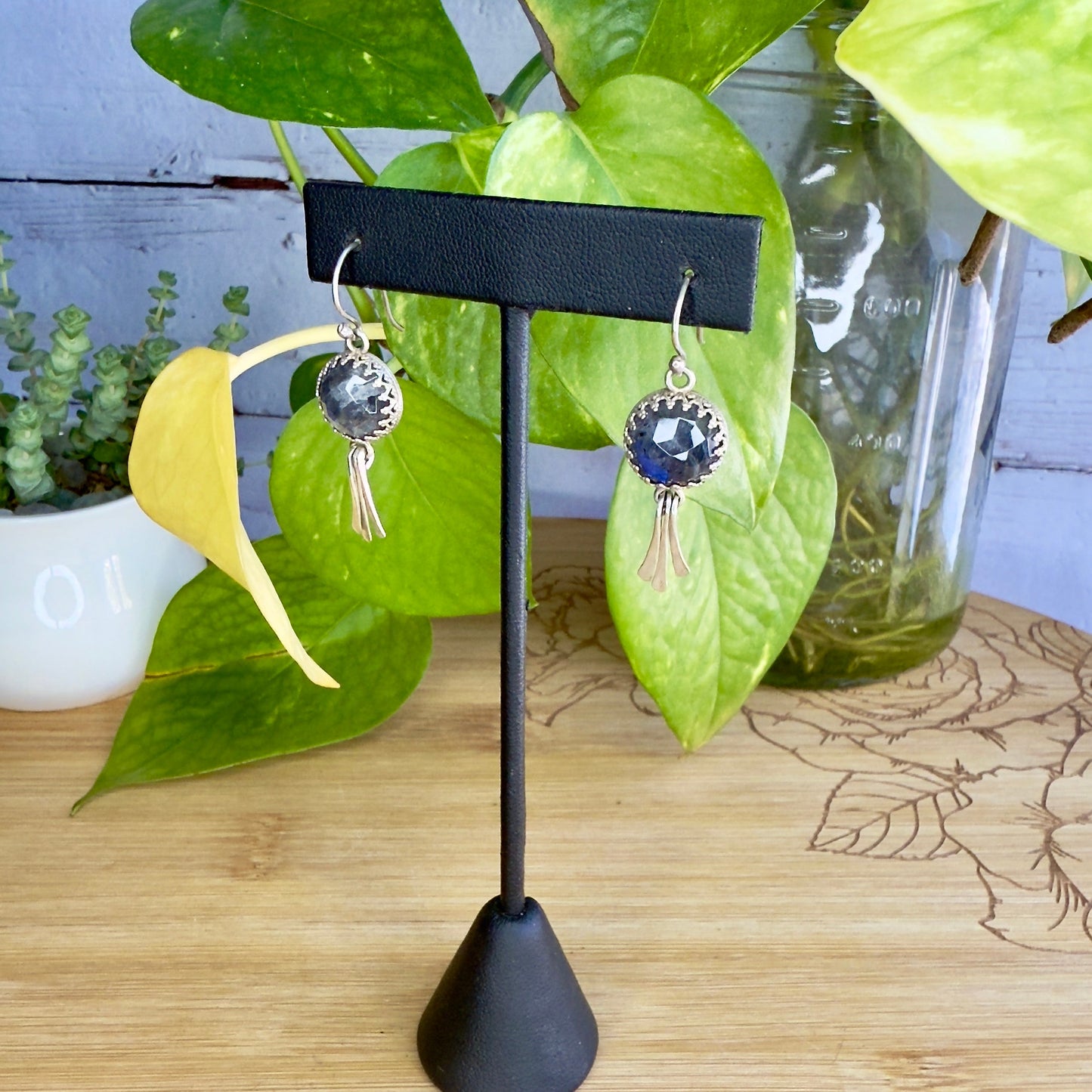 Labradorite Sterling Silver Earrings with Hammered Accent Dangles - Jewelry