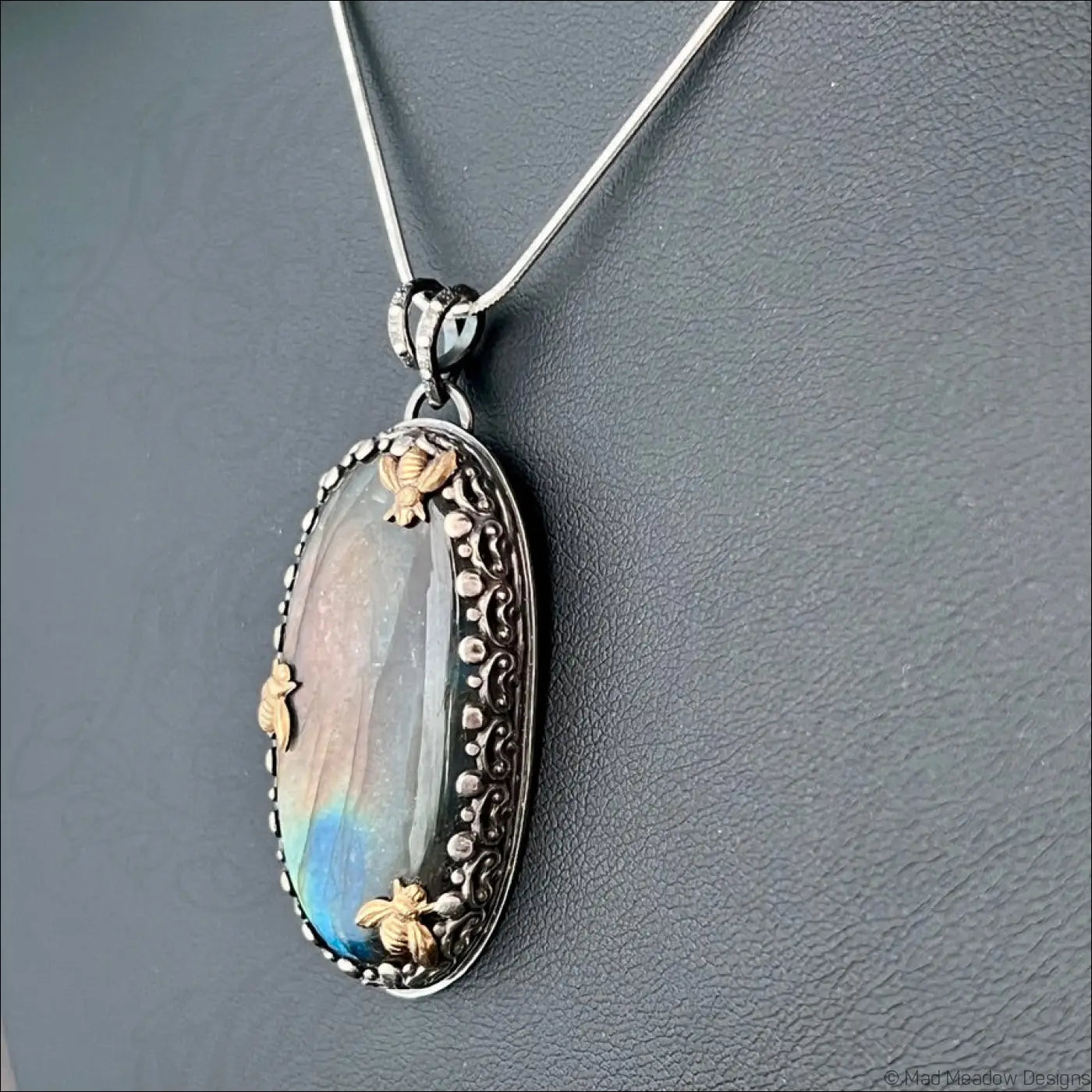Labradorite Sterling Silver Pendant with 3 Brass Bees - Jewelry