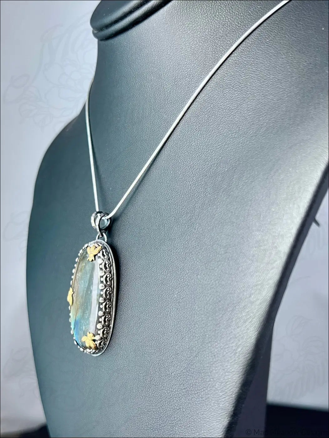 Labradorite Sterling Silver Pendant with 3 Brass Bees - Jewelry