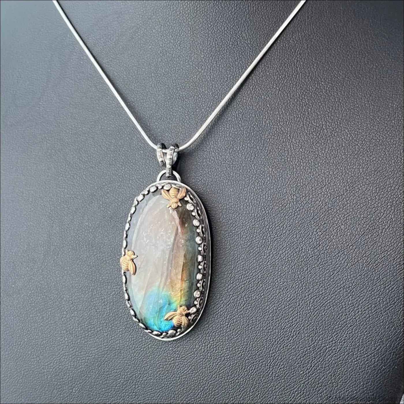Labradorite Sterling Silver Pendant with 3 Brass Bees - Jewelry