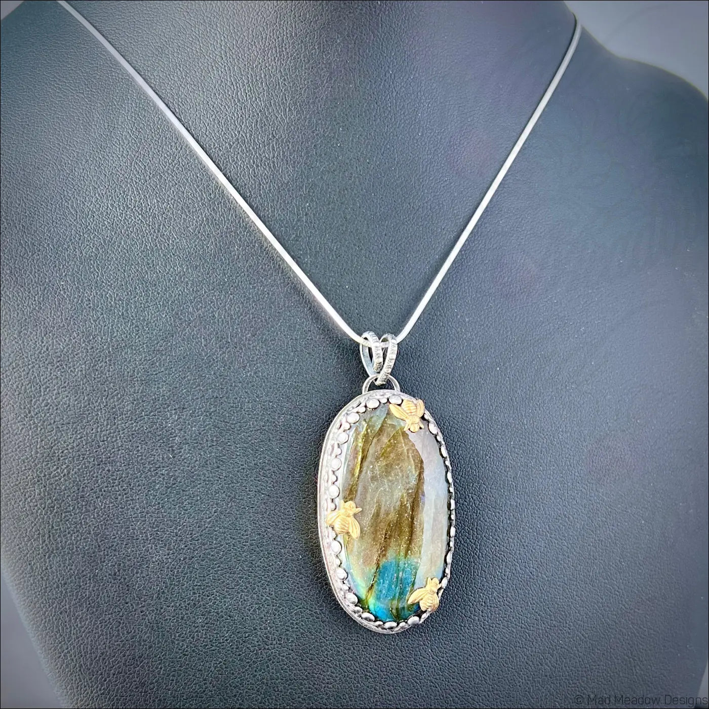 Labradorite Sterling Silver Pendant with 3 Brass Bees - Jewelry