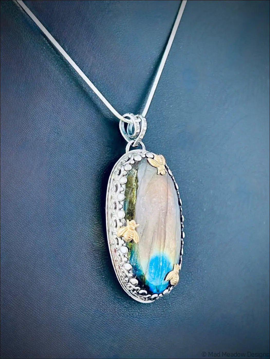 Labradorite Sterling Silver Pendant with 3 Brass Bees - Jewelry