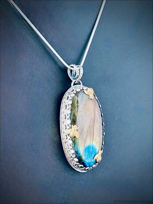 Labradorite Sterling Silver Pendant with 3 Brass Bees - Jewelry