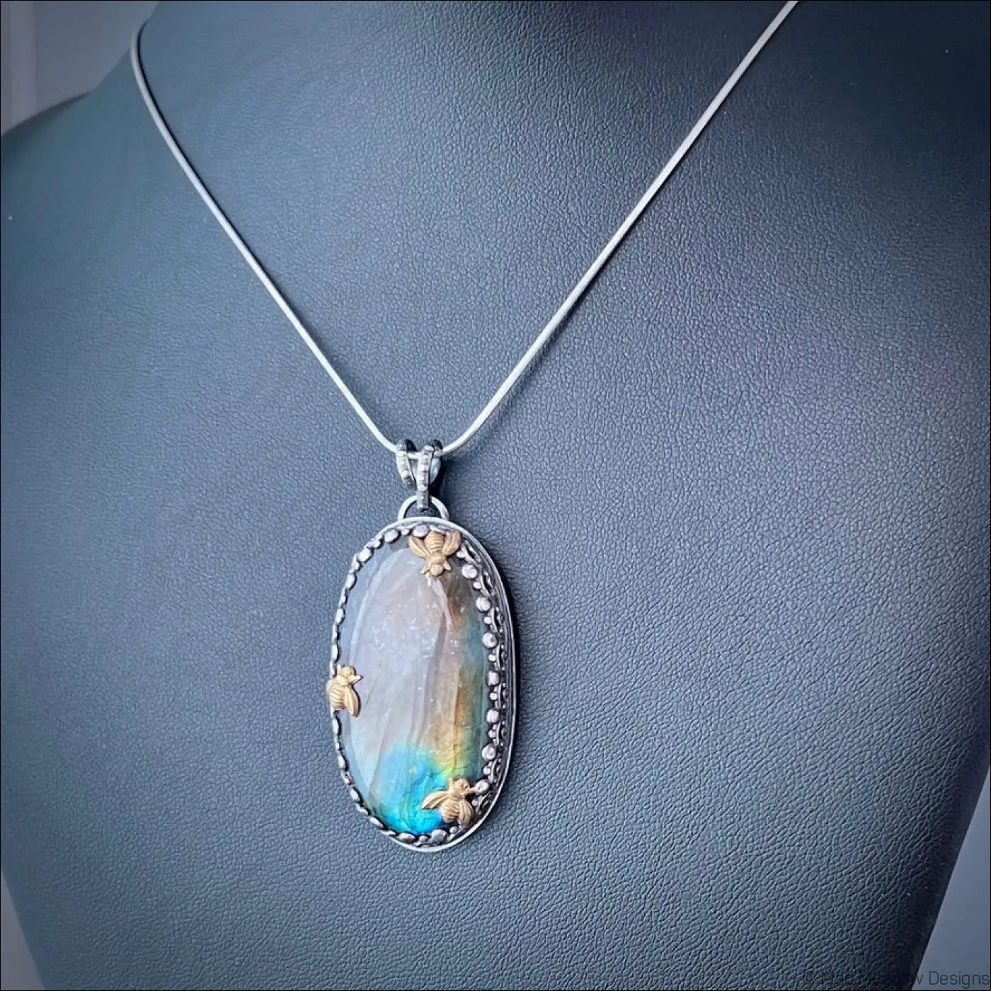 Labradorite Sterling Silver Pendant with 3 Brass Bees - Jewelry