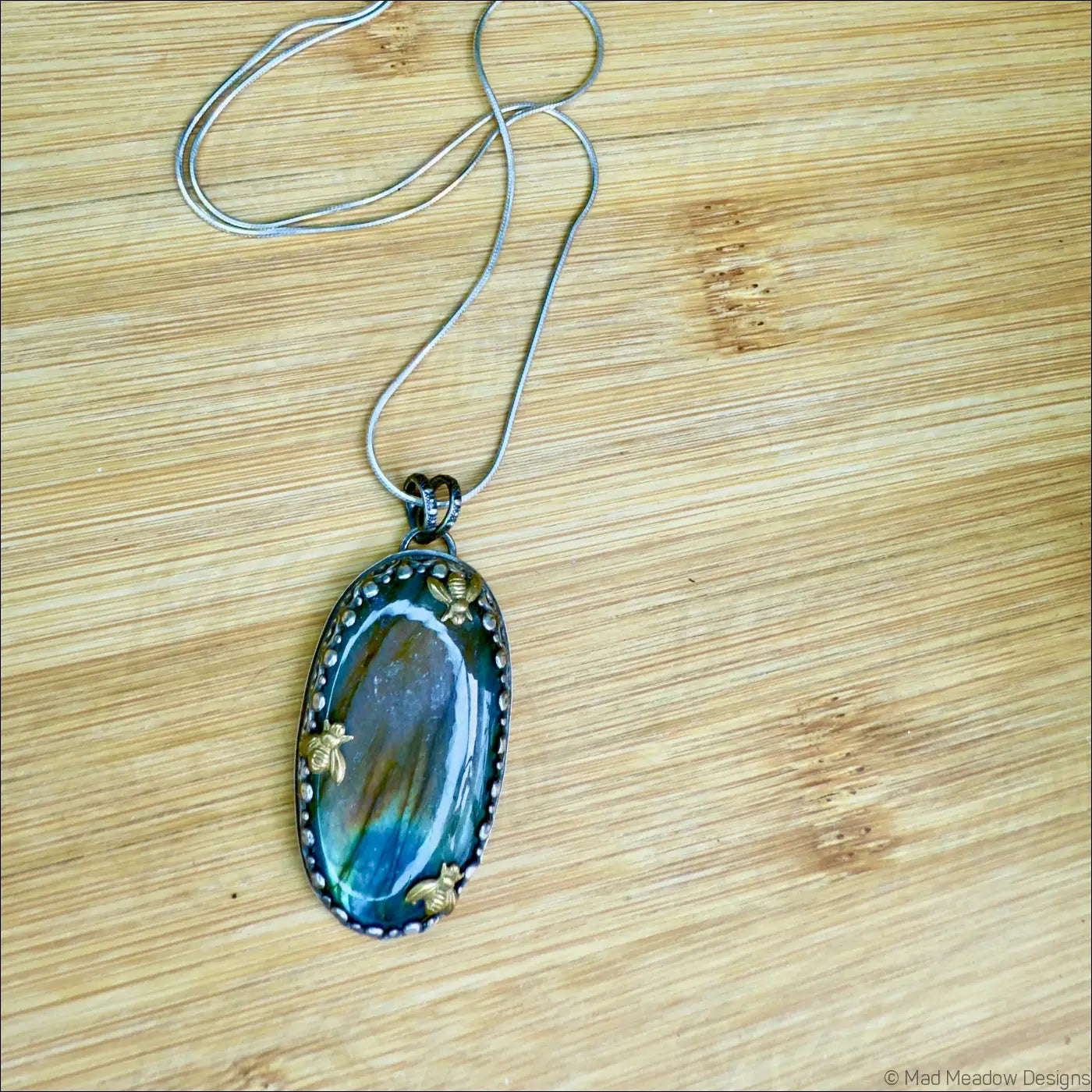 Labradorite Sterling Silver Pendant with 3 Brass Bees - Jewelry