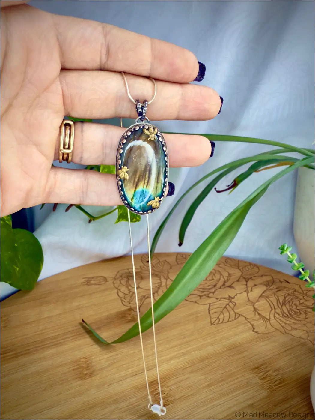 Labradorite Sterling Silver Pendant with 3 Brass Bees - Jewelry