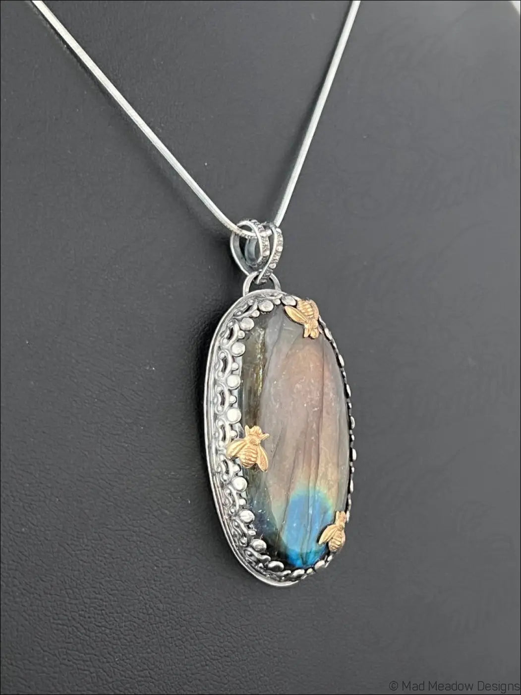 Labradorite Sterling Silver Pendant with 3 Brass Bees - Jewelry