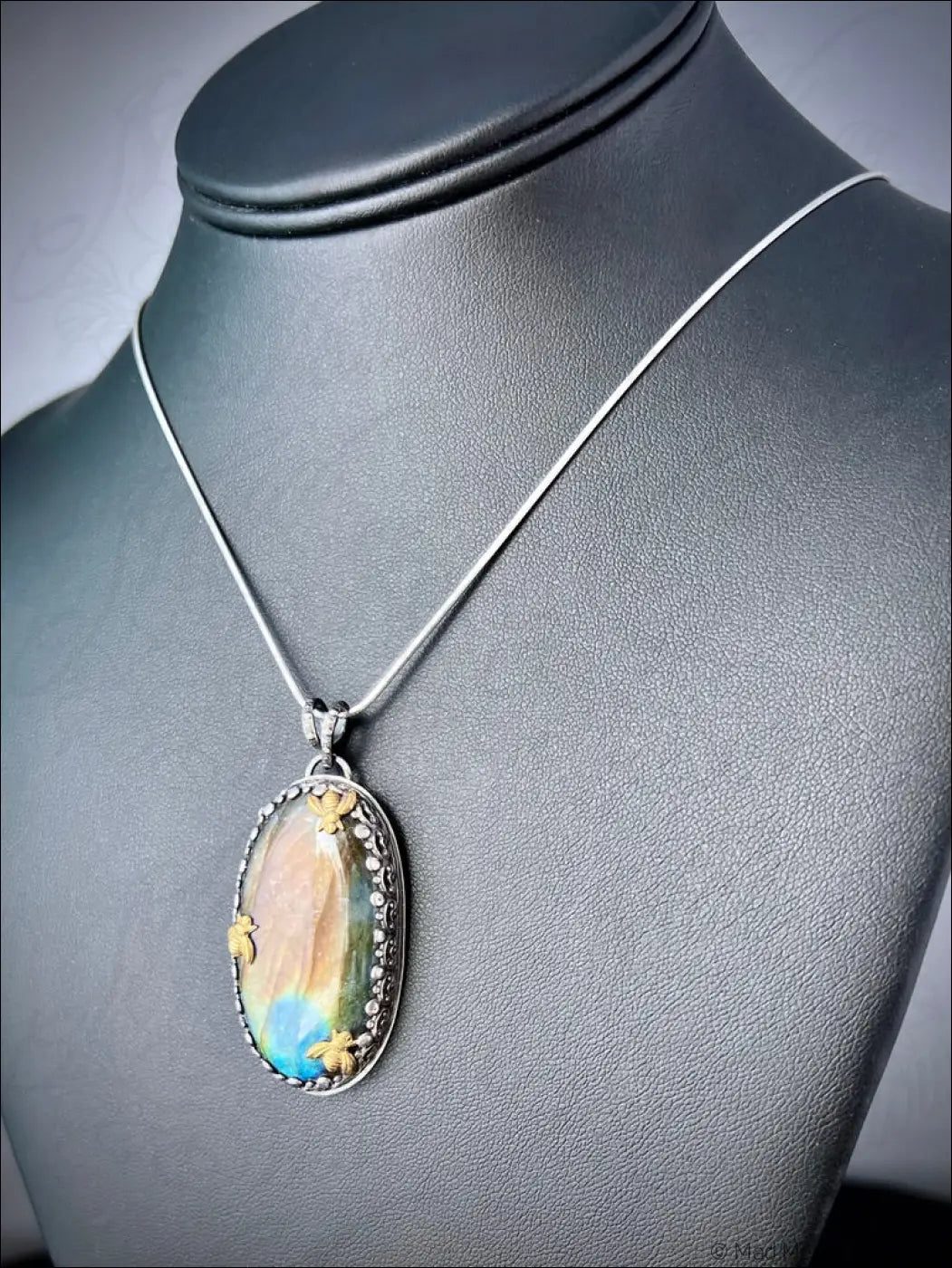 Labradorite Sterling Silver Pendant with 3 Brass Bees - Jewelry