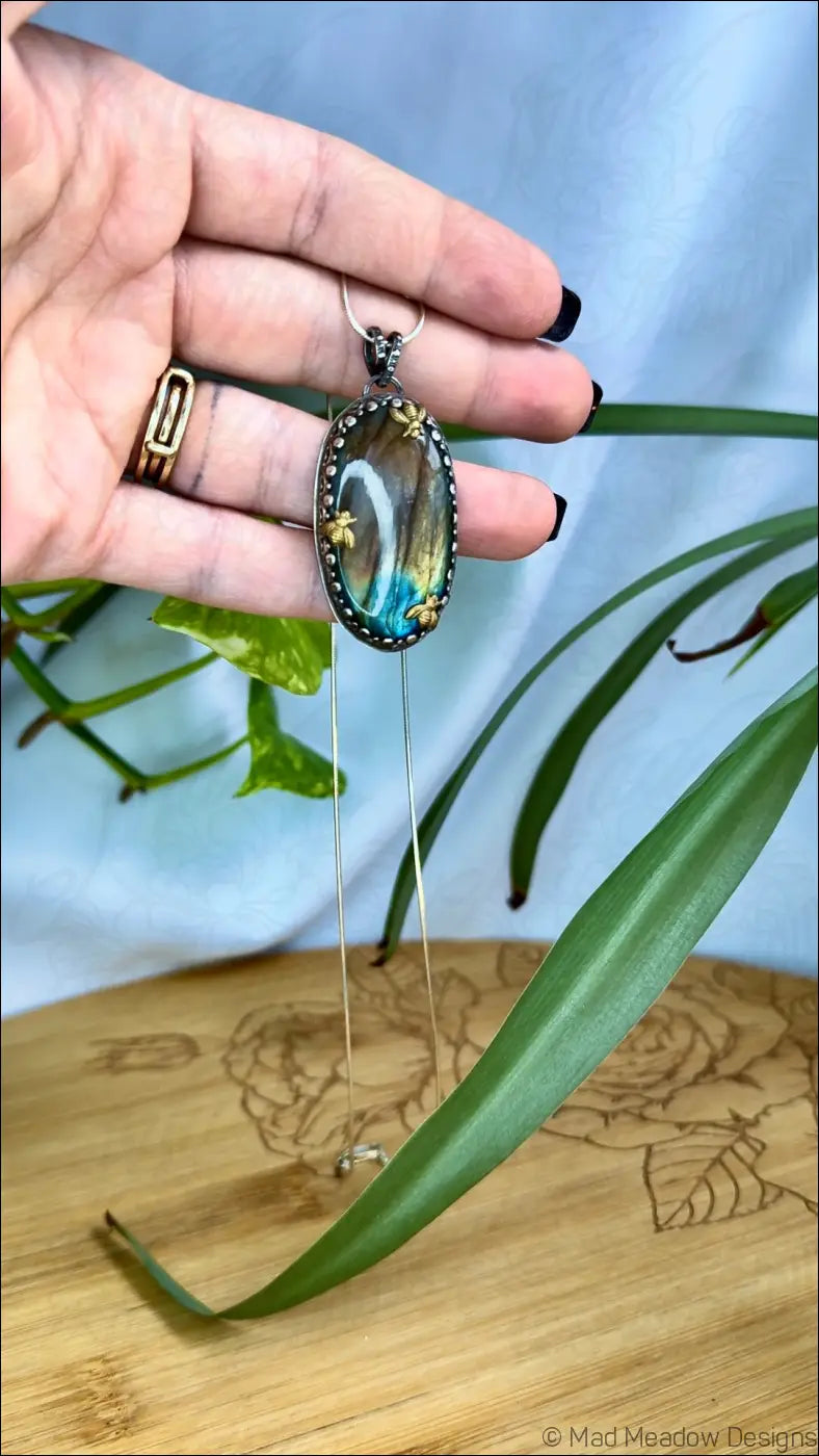 Labradorite Sterling Silver Pendant with 3 Brass Bees - Jewelry
