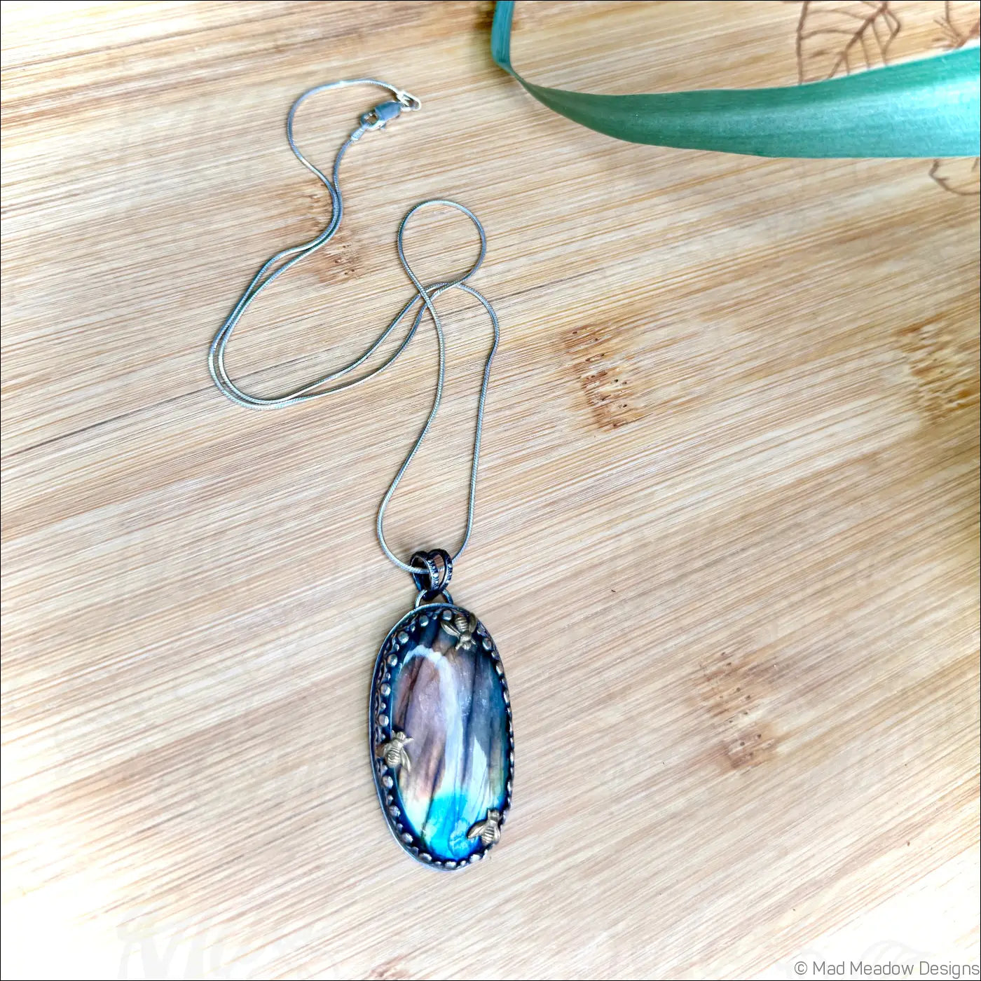Labradorite Sterling Silver Pendant with 3 Brass Bees - Jewelry