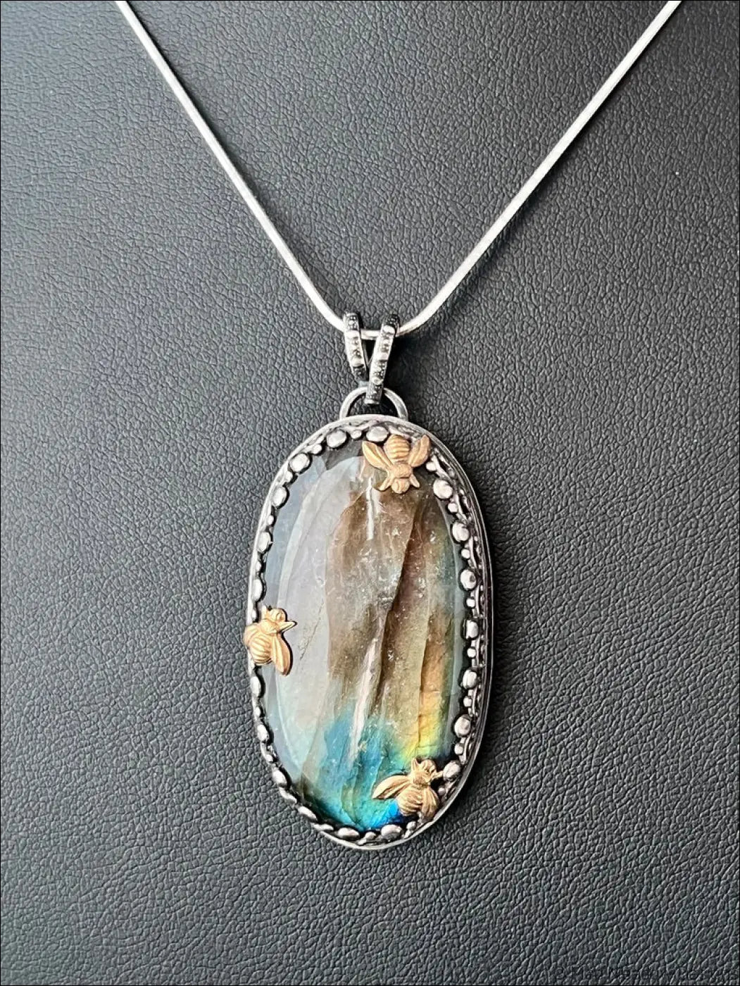 Labradorite Sterling Silver Pendant with 3 Brass Bees - Jewelry