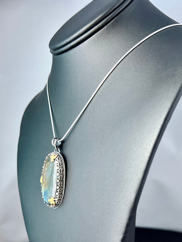 Labradorite Sterling Silver Pendant with 3 Brass Bees - Jewelry