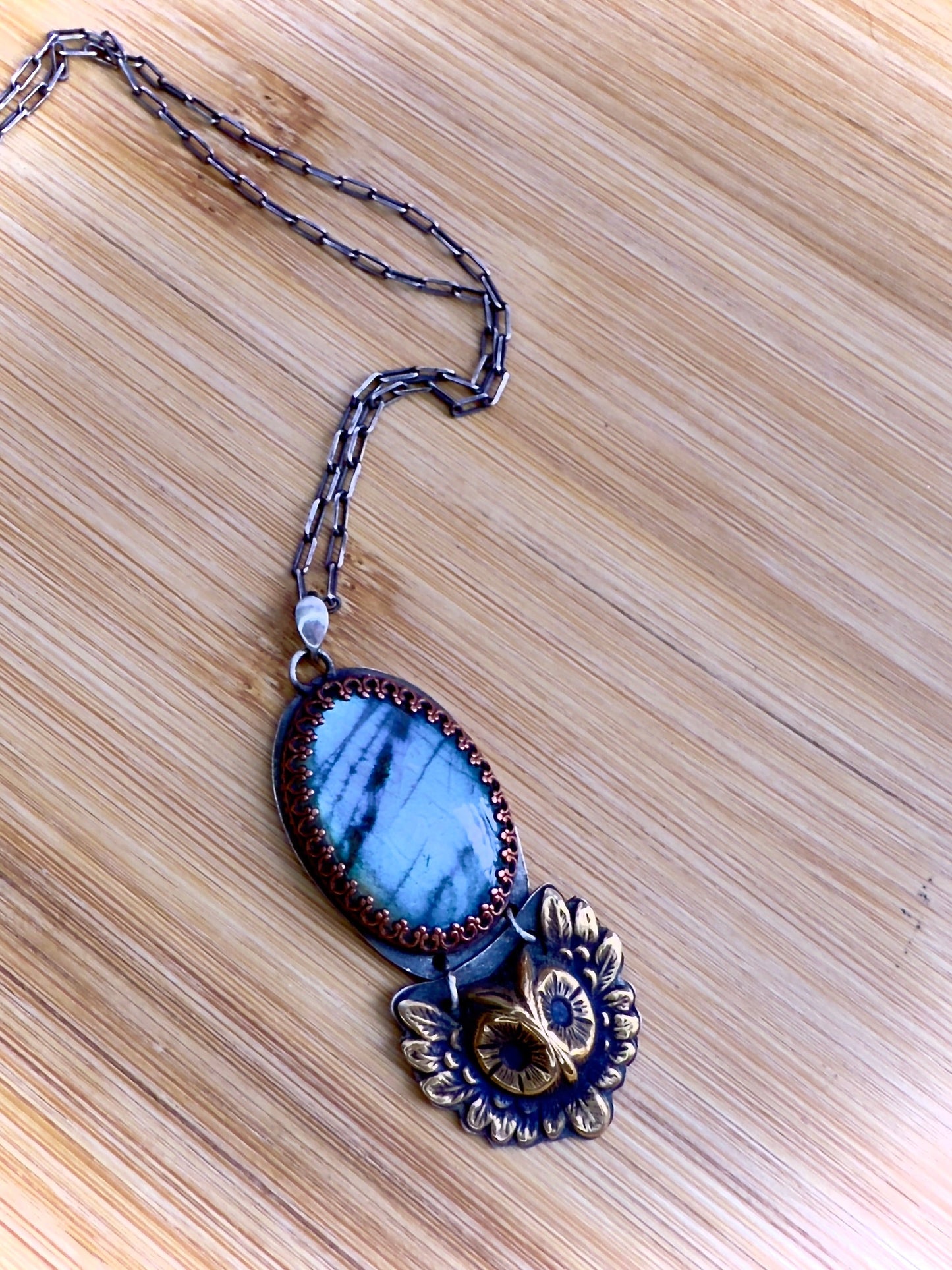 Labradorite Sterling Silver Pendant with Copper Bezel and Brass Owl on 18’’ Cable Chain - Jewelry