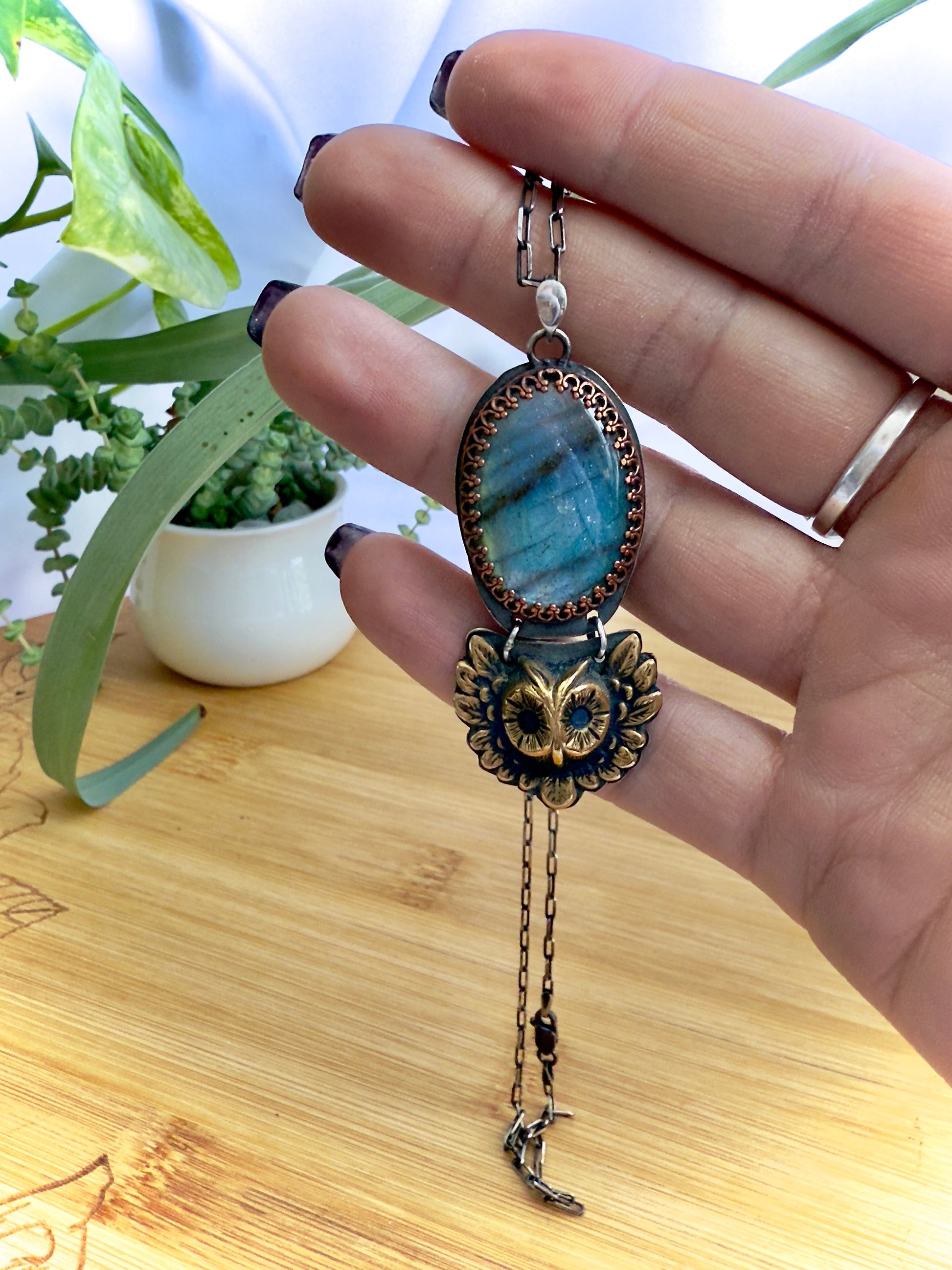 Labradorite Sterling Silver Pendant with Copper Bezel and Brass Owl on 18’’ Cable Chain - Jewelry