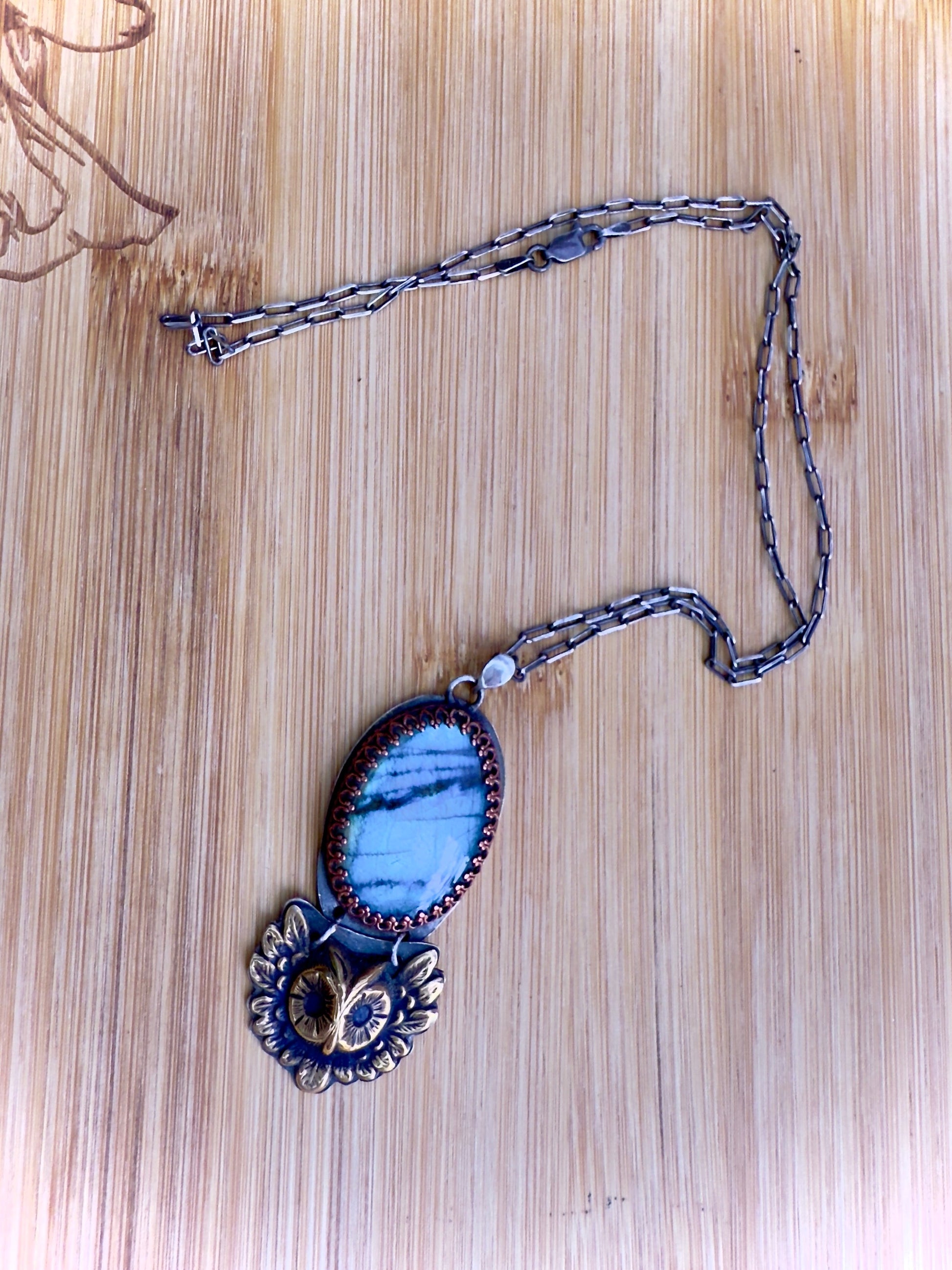 Labradorite Sterling Silver Pendant with Copper Bezel and Brass Owl on 18’’ Cable Chain - Jewelry