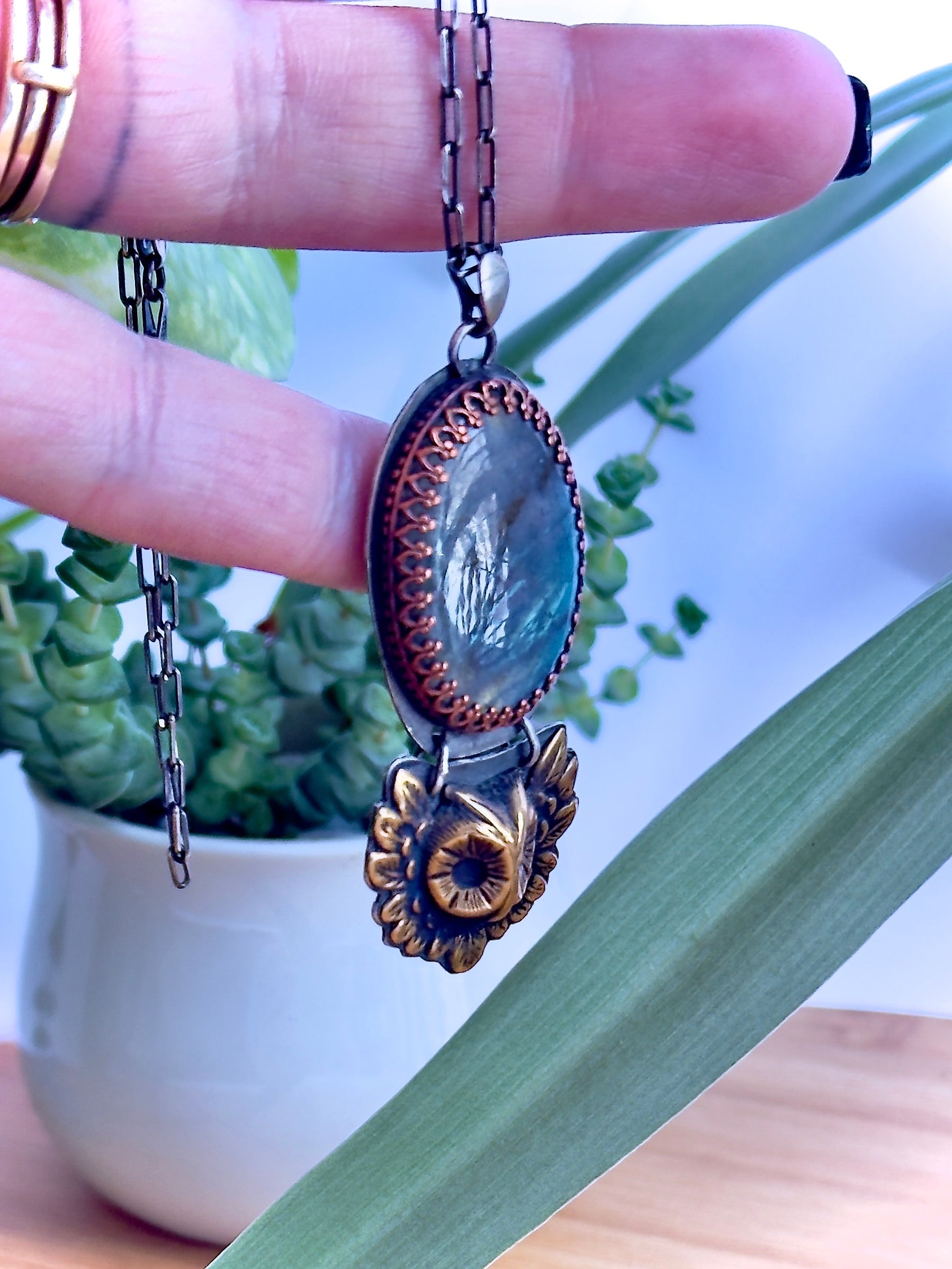 Labradorite Sterling Silver Pendant with Copper Bezel and Brass Owl on 18’’ Cable Chain - Jewelry