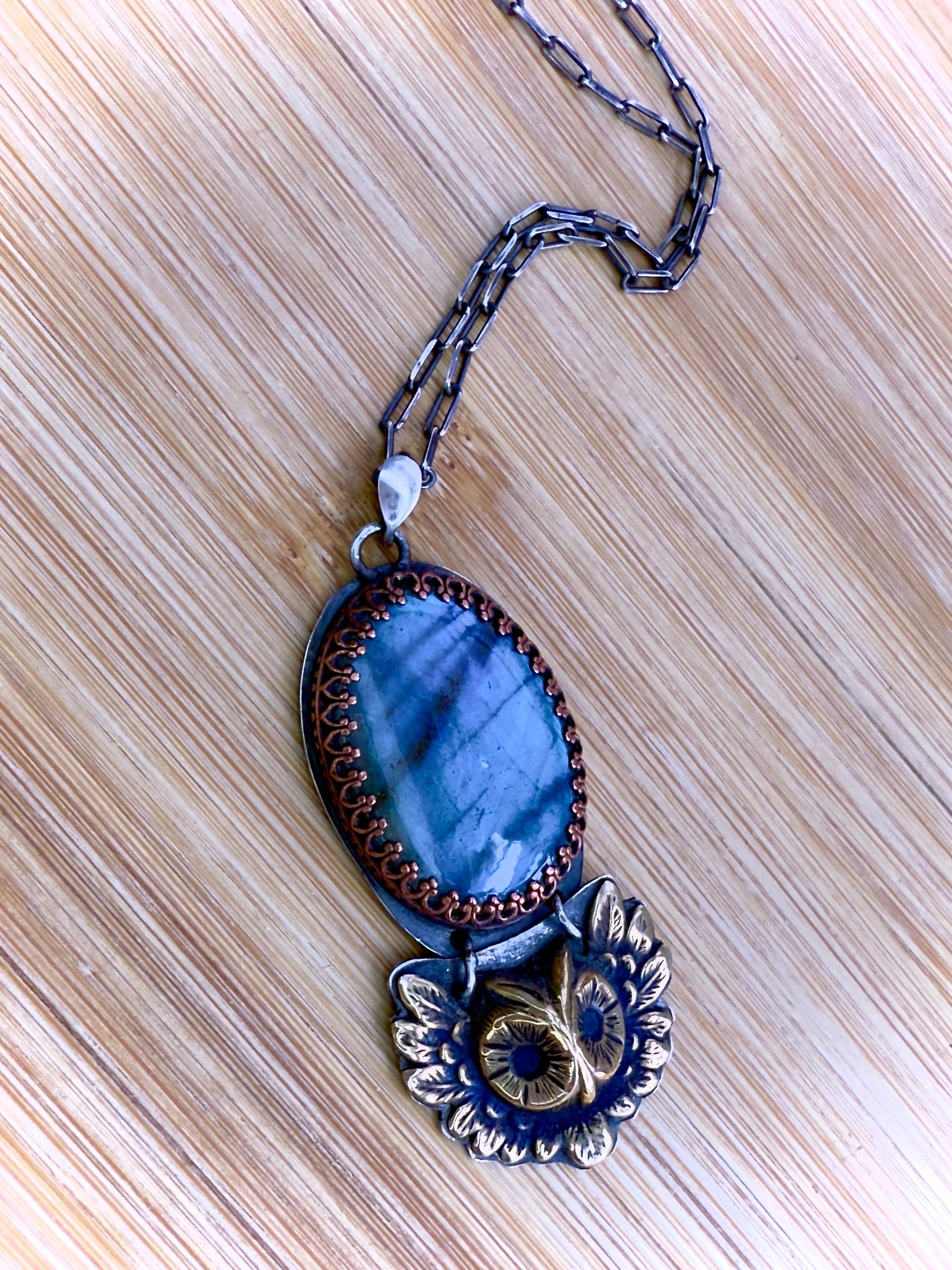 Labradorite Sterling Silver Pendant with Copper Bezel and Brass Owl on 18’’ Cable Chain - Jewelry