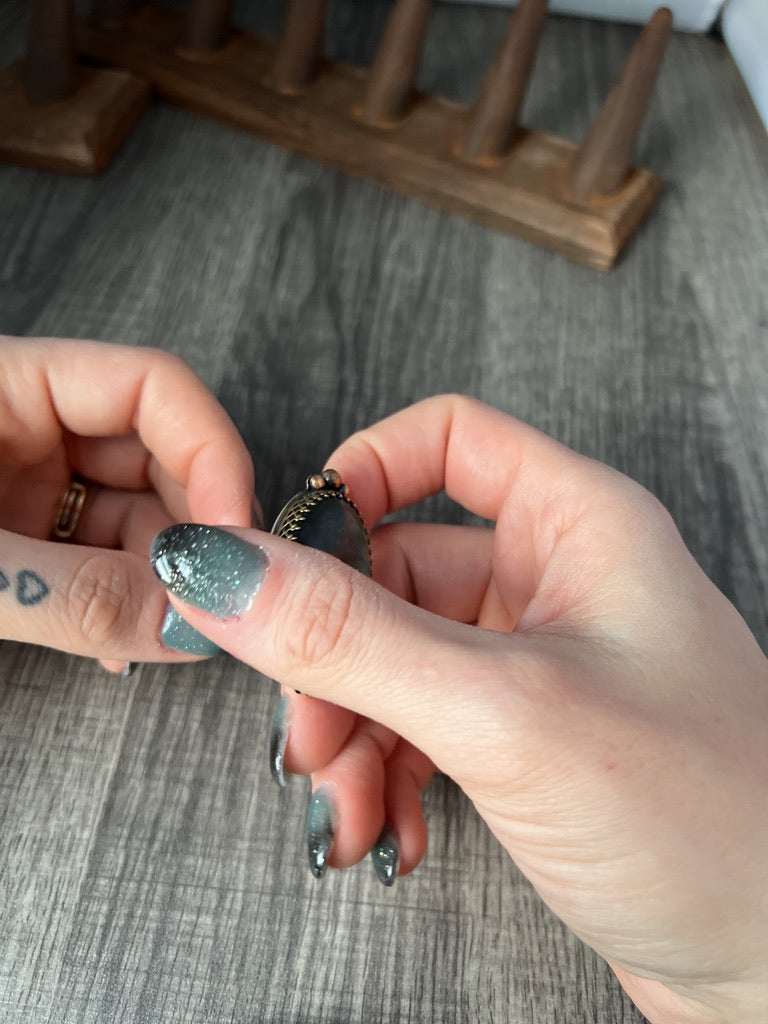 Large and Lovely Labradorite Sterling Silver Statement Ring with Yellow Brass Size 8 1/4 - Jewelry