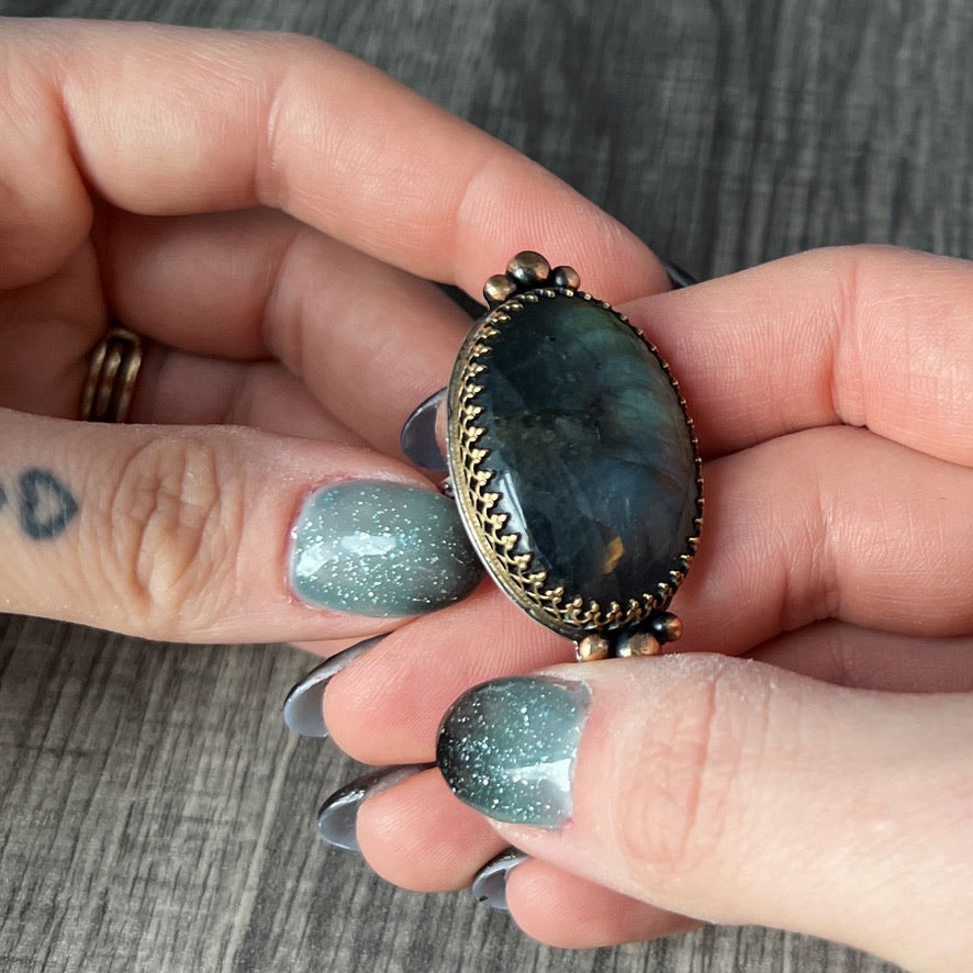 Large and Lovely Labradorite Sterling Silver Statement Ring with Yellow Brass Size 8 1/4 - Jewelry