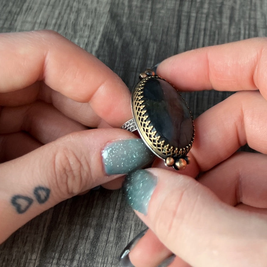 Large and Lovely Labradorite Sterling Silver Statement Ring with Yellow Brass Size 8 1/4 - Jewelry