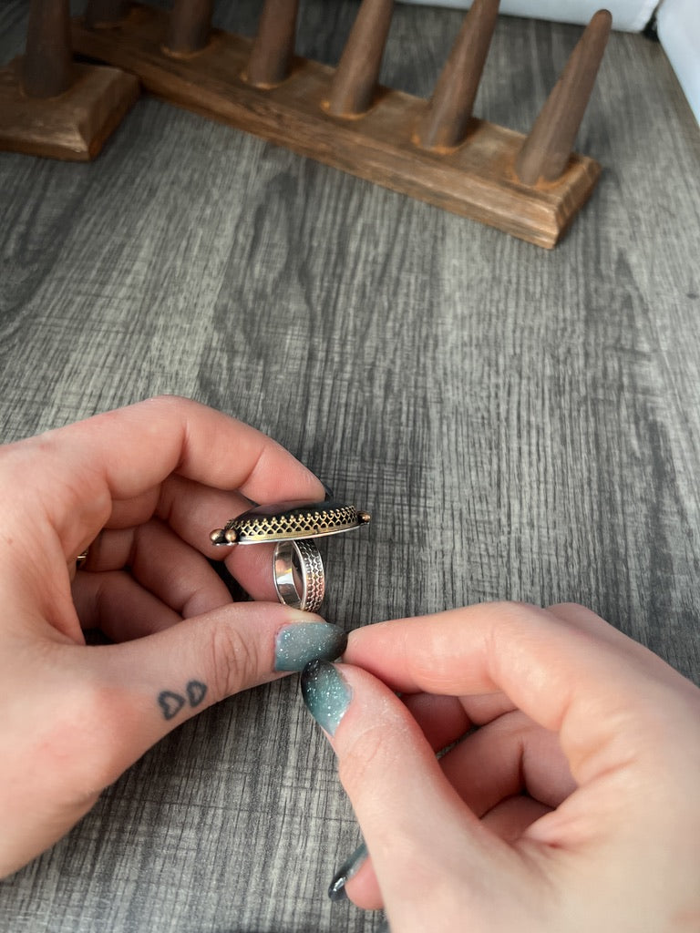 Large and Lovely Labradorite Sterling Silver Statement Ring with Yellow Brass Size 8 1/4 - Jewelry