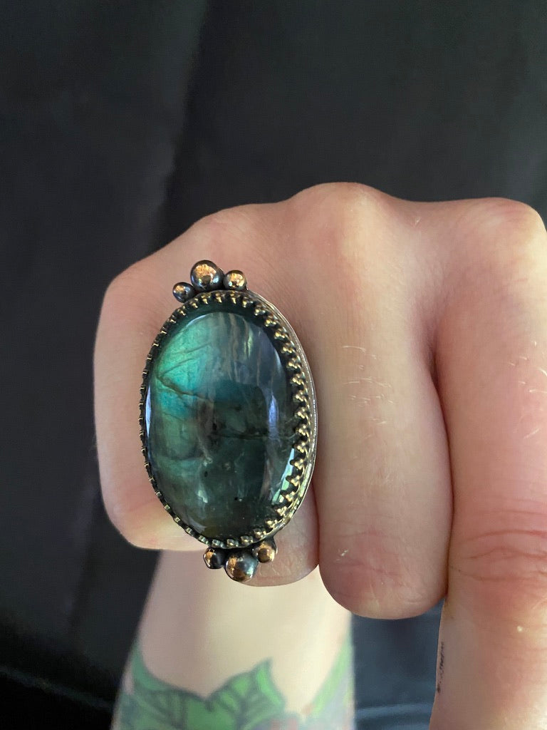 Large and Lovely Labradorite Sterling Silver Statement Ring with Yellow Brass Size 8 1/4 - Jewelry