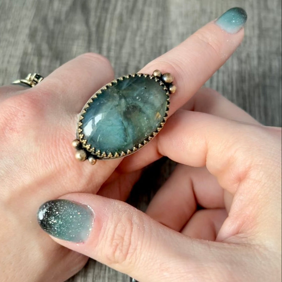 Large and Lovely Labradorite Sterling Silver Statement Ring with Yellow Brass Size 8 1/4 - Jewelry