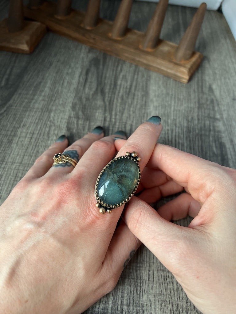 Large and Lovely Labradorite Sterling Silver Statement Ring with Yellow Brass Size 8 1/4 - Jewelry