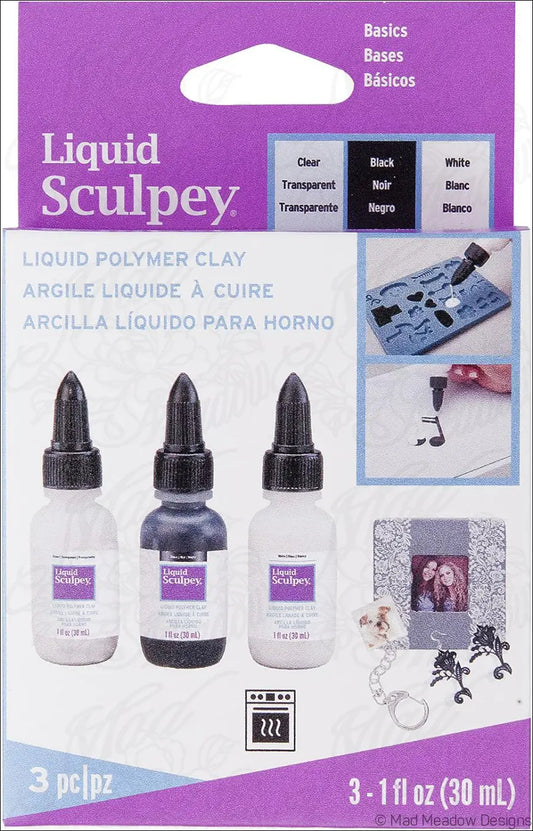 Liquid Sculpey Basics 3-Pack Polymer Clay – White Black Clear (3 x 1 oz) Destash New