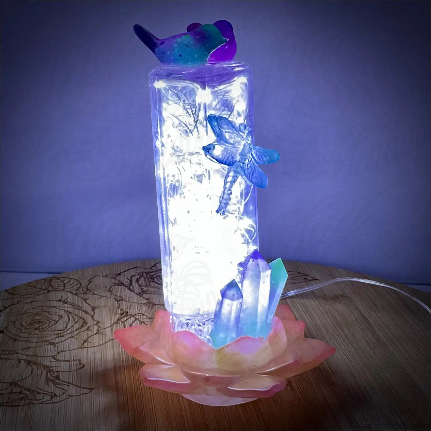 Translucent antique amethyst glass apothecary bottle usb light with blue dragonfly and colorful crystal accents
