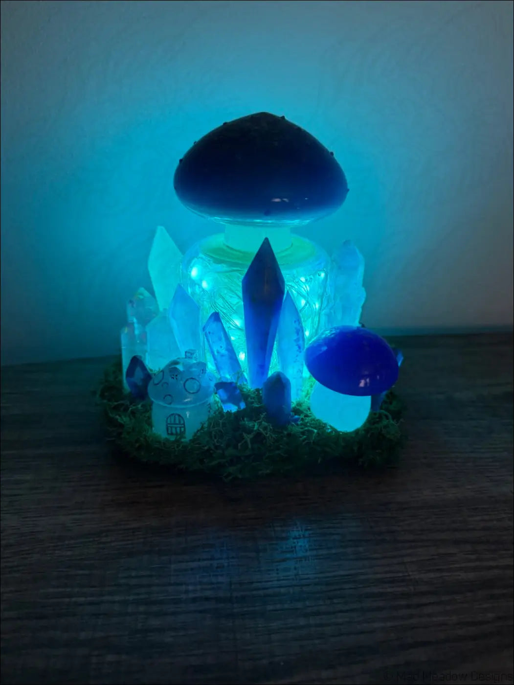 Blue mushroom-shaped led usb light with glowing crystals and moss base from magical forest mushroom village collection