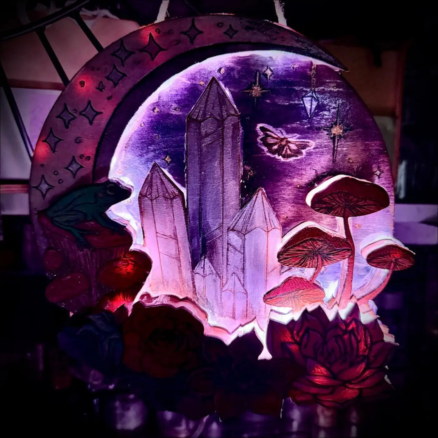 Magical night forest ablaze usb light with purple pink hues featuring hand-painted mushroom forest ablaze and crystals