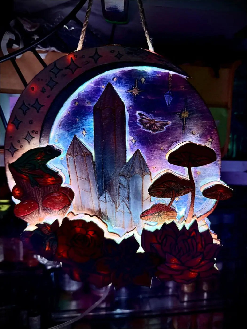 Magical night forest ablaze hand-painted wooden hanging usb light with mushroom forest ablaze and kaleidoscopic wonderland design
