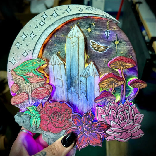 Magical night forest ablaze hand-painted hanging usb light with intricate mushroom forest ablaze and kaleidoscopic wonderland details