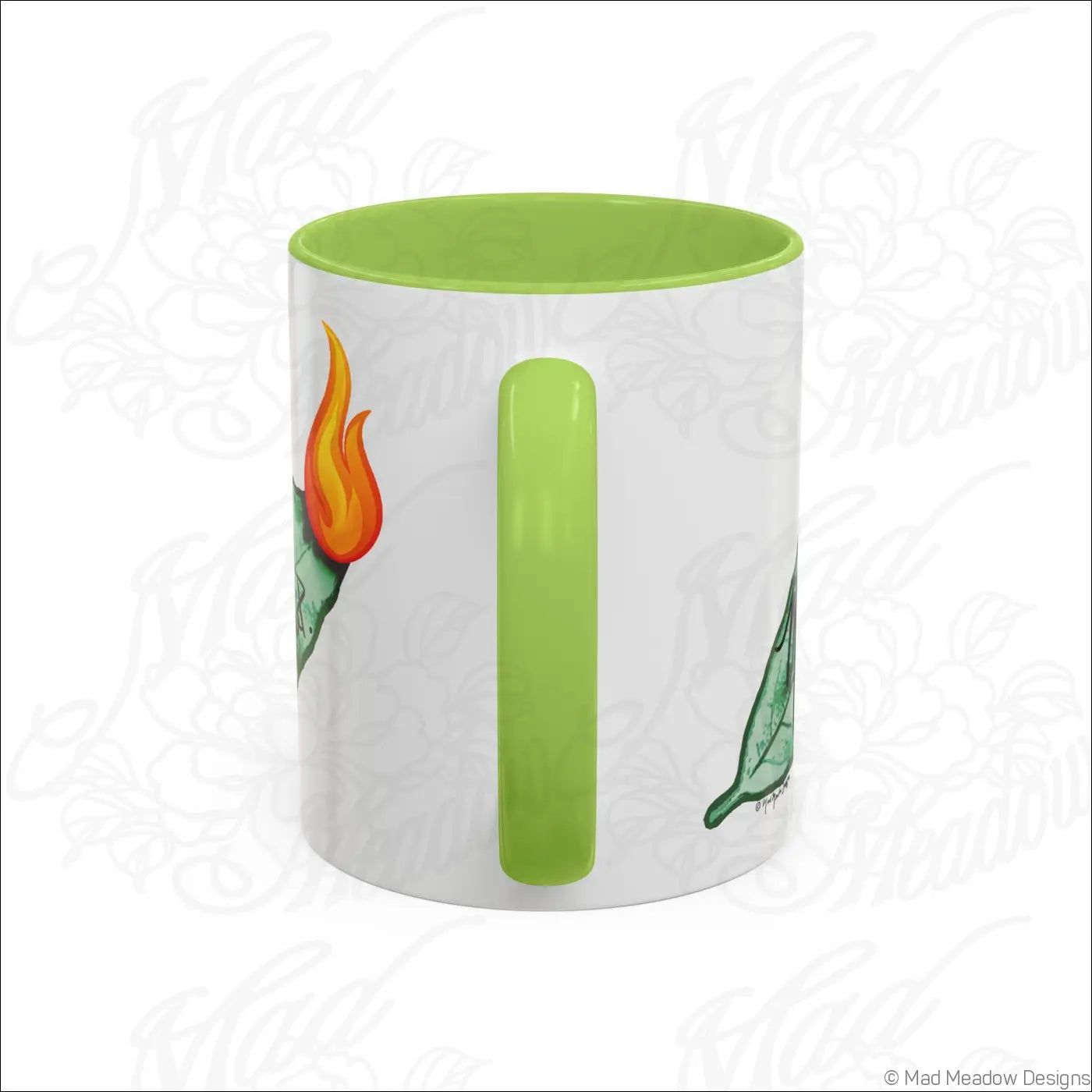 White ceramic mug with glossy finish lime green colored interior and flame bay leaf design for coffee lovers