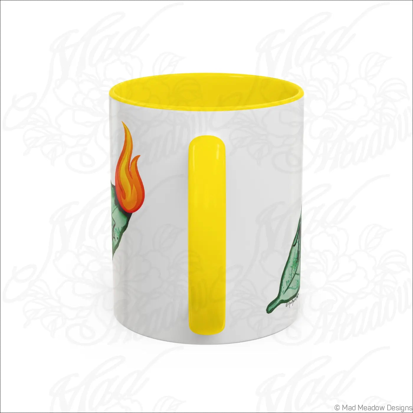 White ceramic mug with glossy finish, bright yellow colored interior and handle, featuring bay leaf flames design