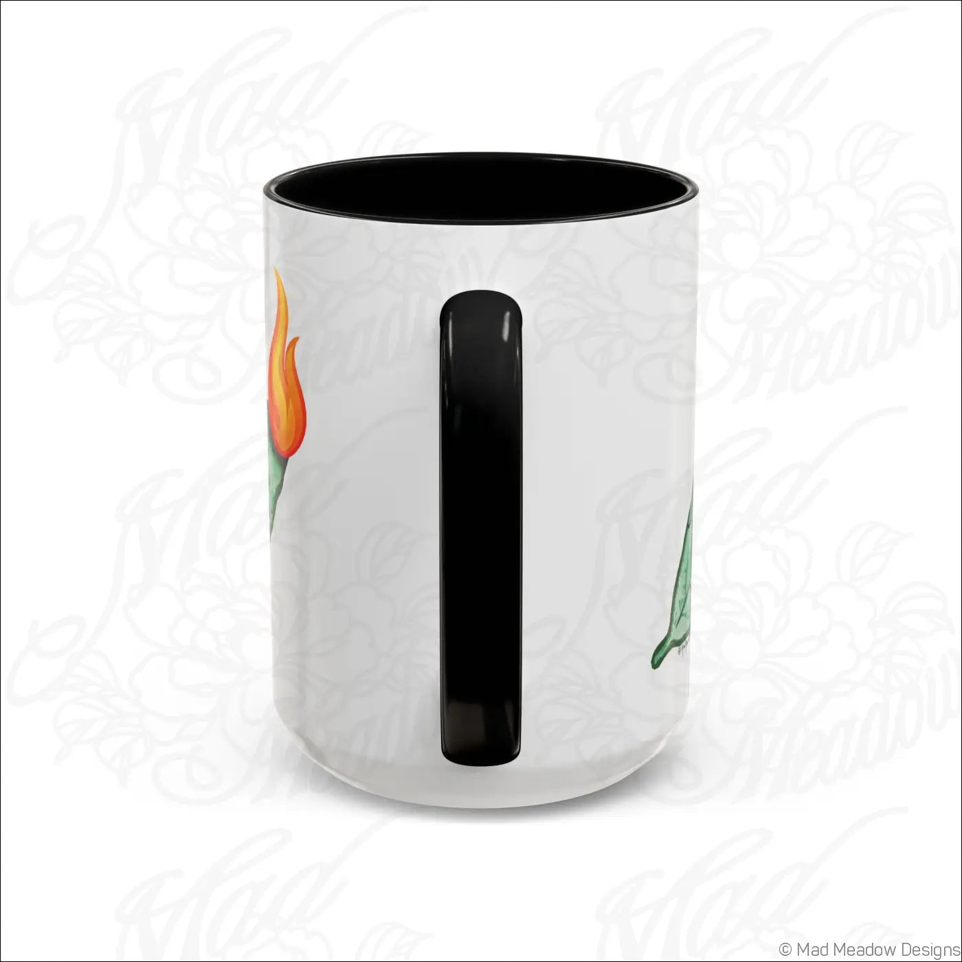 White ceramic mug with glossy finish, black colored interior and handle, featuring an orange tulip and bay leaf design