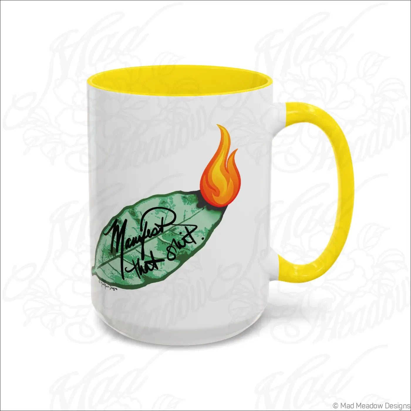 White ceramic coffee mug with glossy finish, yellow colored interior, bay leaf design, lit by orange flame for burning bay leaf use