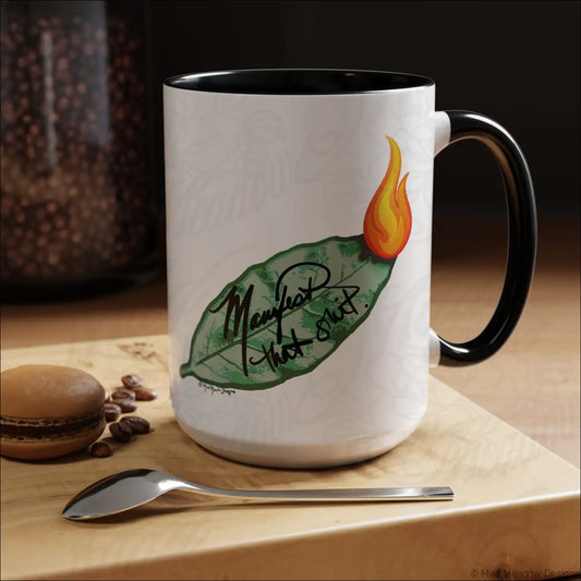 White ceramic coffee mug with glossy finish black handle and interior featuring a bay leaf and burning flame design manifest that text