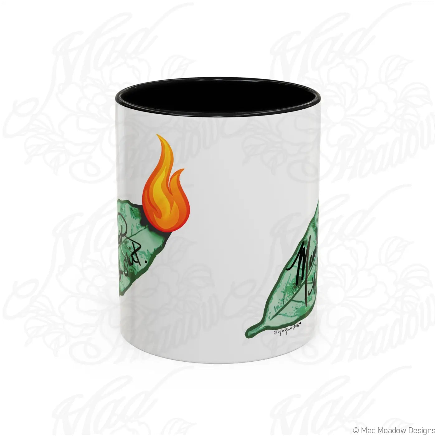 White ceramic bay leaf coffee mug with a glossy finish and black colored interior featuring a bright flame design