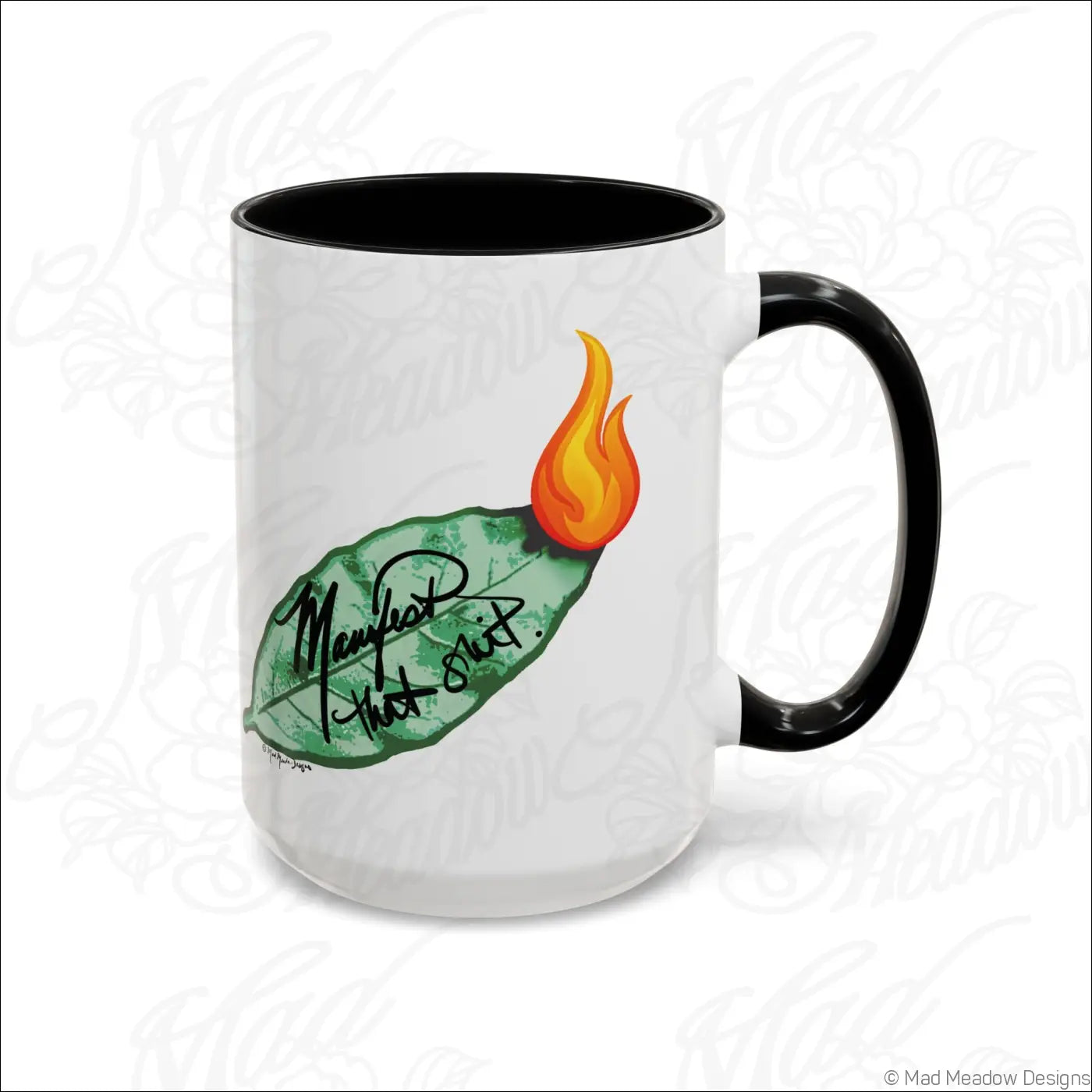 White ceramic bay leaf coffee mug with glossy finish black colored interior and manifest that shit flame design