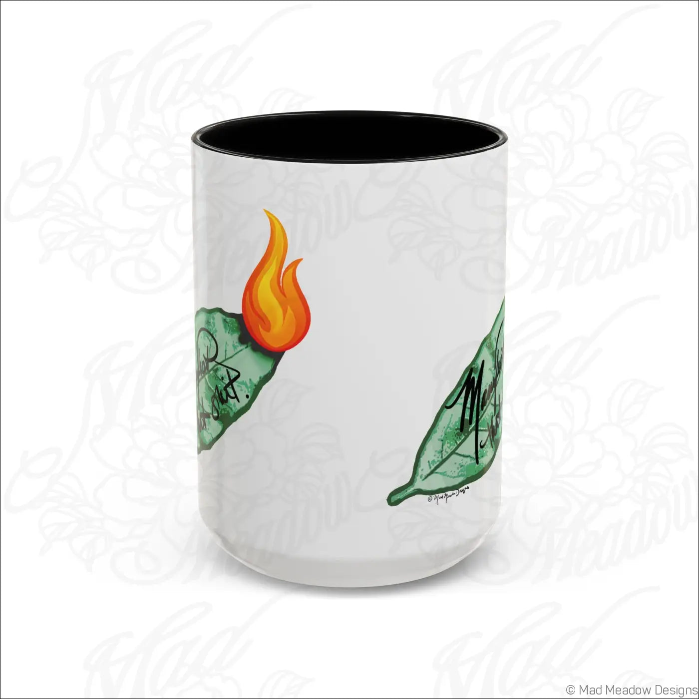 White ceramic bay leaf coffee mug with glossy finish black colored interior and flaming leaf illustration and text