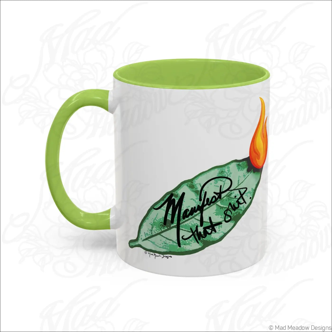 White ceramic coffee mug with glossy finish, vibrant lime green colored interior, and burning bay leaf design saying marry that shit