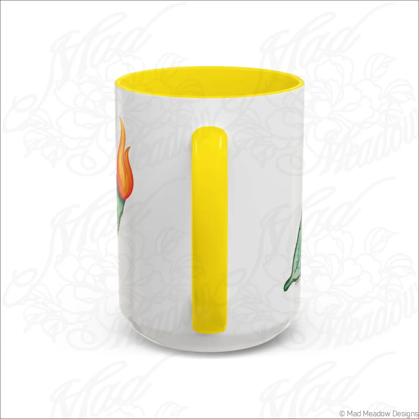 White ceramic manifest that sh!t coffee mug with glossy finish yellow colored interior and bay leaf flower illustrations