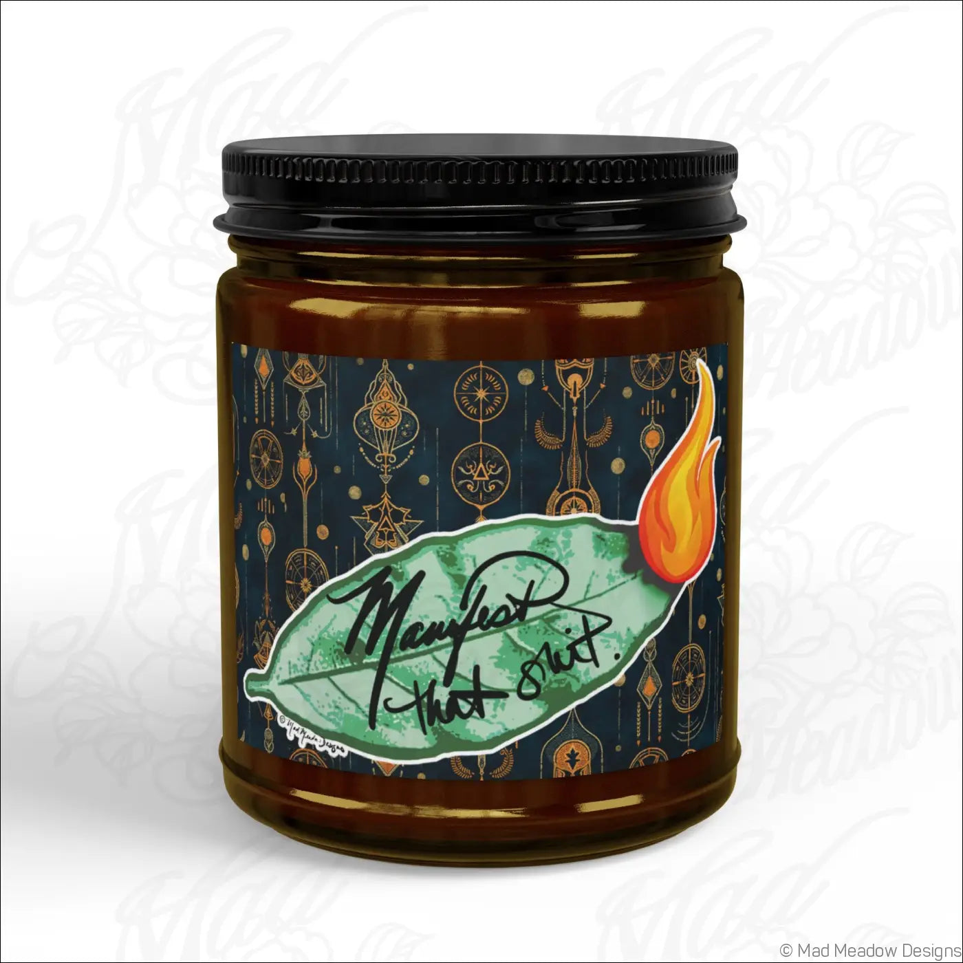 Dark amber glass jar soy wax candle with black lid and ornate green leaf label for burning bay leaf scent