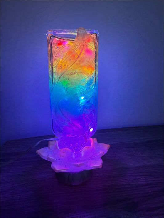 Translucent antique glass lamp with maroon and gold feather etched patterns on golden lotus base usb light