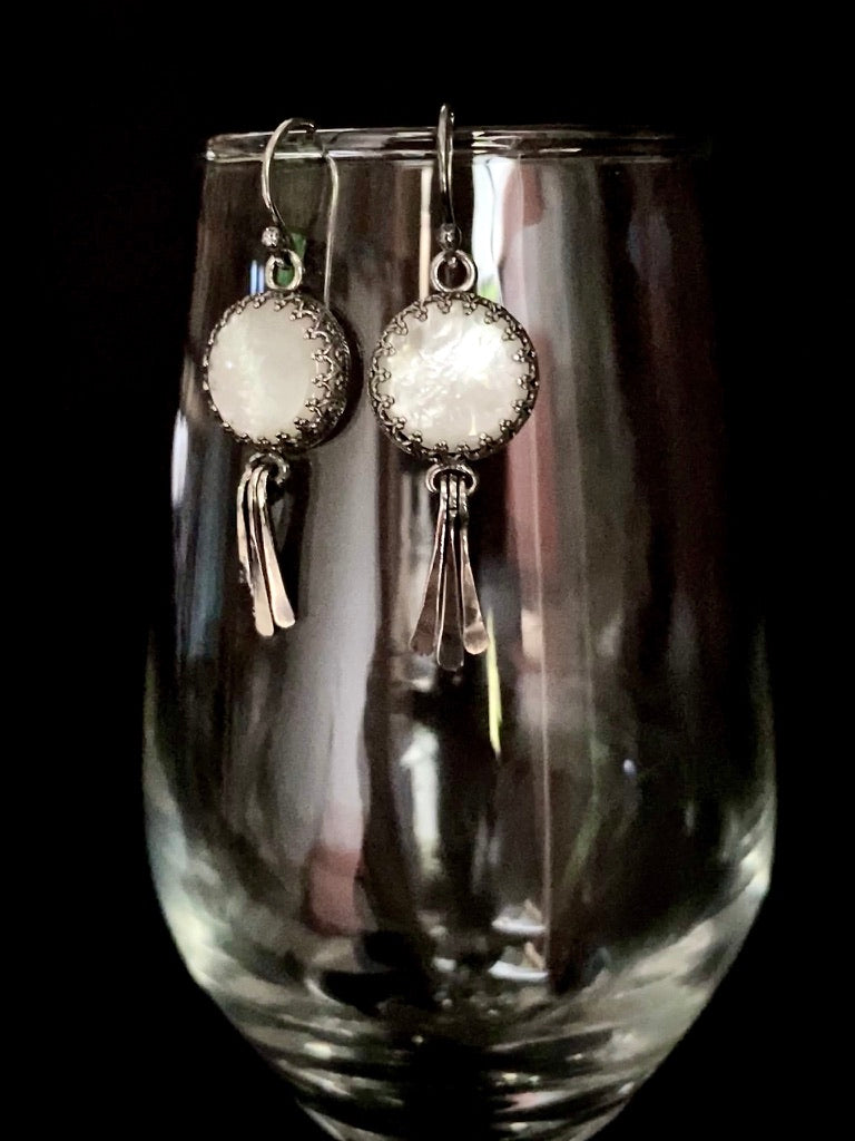 Moon Goddess White Mother of Pearl Sterling Silver Earrings with Hammered Wire Paddle Dangles - Jewelry