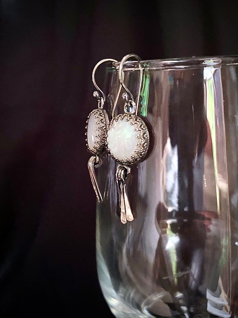 Moon Goddess White Mother of Pearl Sterling Silver Earrings with Hammered Wire Paddle Dangles - Jewelry